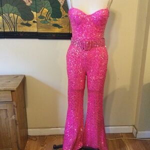 Bella Barnett Pink Sequin Jumpsuit Size L Preowned
